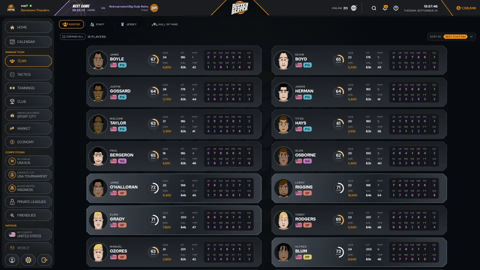 The roster in the new BuzzerBeater