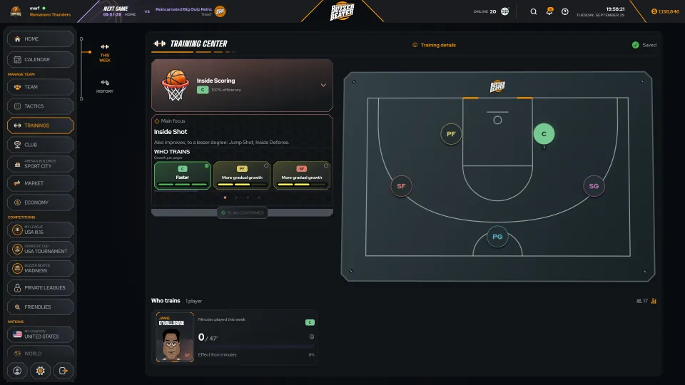 The training screen in the new BuzzerBeater