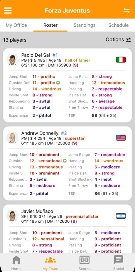 The roster in the current BuzzerBeater Mobile app
